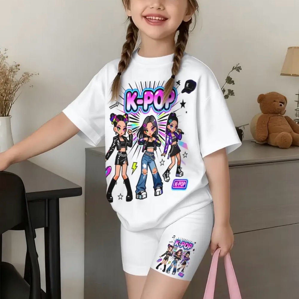 K-POP Graphic Tee & Shorts Set - White
